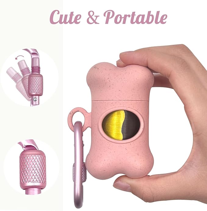 Bone-Shaped Dog Poop Bag Holder for Leash |Dispenser with 30 Leak-Resistant Waste Bags & Carabiner Clip (2 Pack Pink)