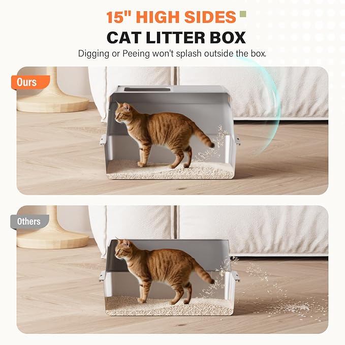 Removable Stainless Steel Cat Litter Box with lid, Side & Top Entry Kitty LitterBox，Cat Litter Box Enclosure, XL Extra Large High-Sided Metal Cat Box with Scoop, Footboard（Grey）