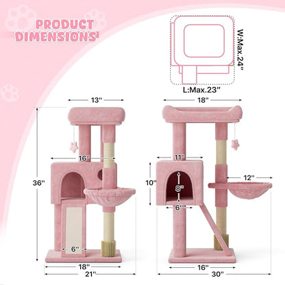Magshion 36" Cat Tree Tower for Indoor Cats, Compact Multi-Level Cat Condo with Scratching Posts, Top Perch, Side Basket and Dangling Ball, Cat Climbing Tower for Kittens and Elderly Cats, Soft Pink
