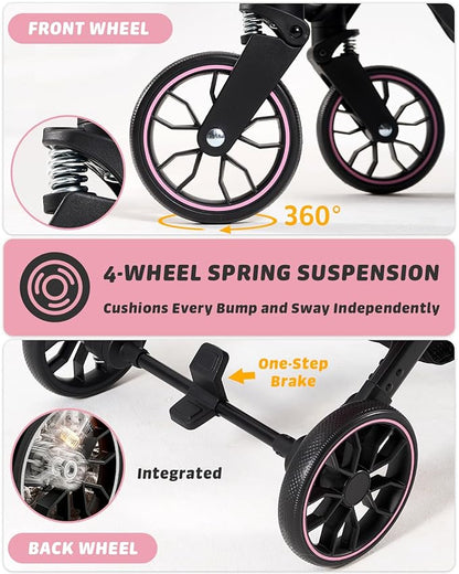 797Audio Dog Stroller for Small Medium Dogs, Pink Pet Stroller for Cats Puppy Up to 121lbs, Foldable,One Click Folding,4 Wheel Shock Absorption,Adjustable Canopy with Sun Shades,Removable Washable Pad