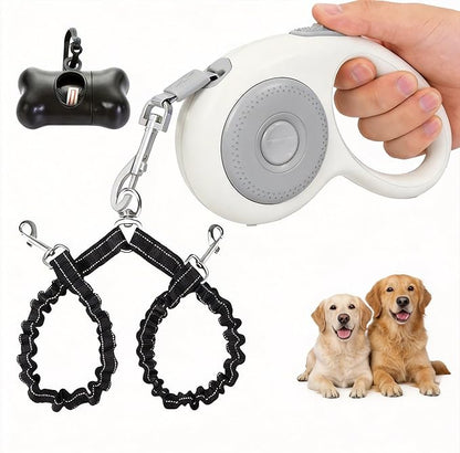 Small Breed Dual Retractable Dog Leash (Up to 44 Lbs Each) One-Button Break and Lock, Non-Slip Grip, Double-Headed, 16-Foot Extendable Pet Leash with Poop Bags, and 360° Tangle-Free (Gray, Medium)