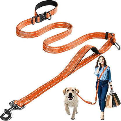 Kazazoo Hands-Free Dog Leash with Adjustable Length 6-9FT + Dual Padded Handles Reflective Safety for Walking, Jogging & Training | Suitable for Medium to Large Dogs & Puppies Orange-L