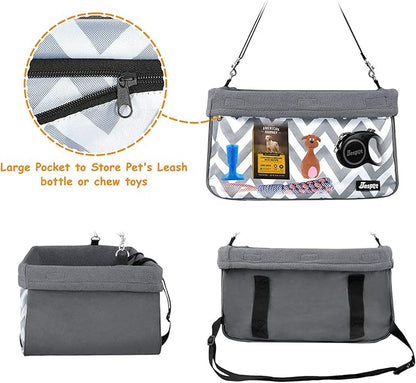 JESPET & GOOPAWS: Pet Safety Booster Car Seat - Grey Stripe -Small Dogs & Cats Up to 24lbs, Cozy Fleece Lined Bed, Collapsible Portable Travel Carrier