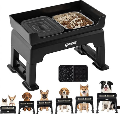 3-in-1 Raised Dog Bowl - 6 Height Adjustable Elevated Dog Bowls, Double Deck Design Mess Proof, Feeding Station with 2L No Spill Stainless Steel Bowls & Licking Plate for Medium Large Pets