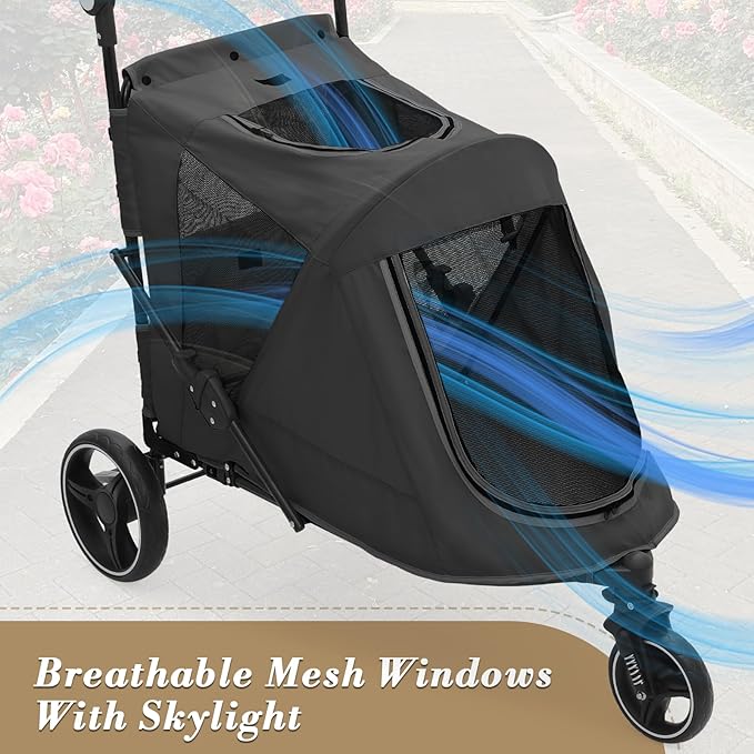 Athena Collection 3 Wheels Pet Stroller Fabric Dog Cart Dog Stroller for Large Dogs 55 Lbs Pet Stroller with Mesh Windows, Zipper Back Pocket, Safety Tether, Angle Adjustable Handlebar, Black