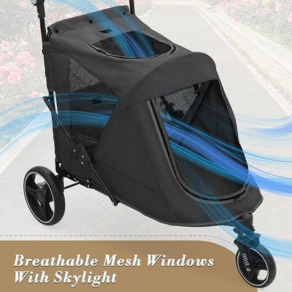 Athena Collection 3 Wheels Pet Stroller Fabric Dog Cart Dog Stroller for Large Dogs 55 Lbs Pet Stroller with Mesh Windows, Zipper Back Pocket, Safety Tether, Angle Adjustable Handlebar, Black