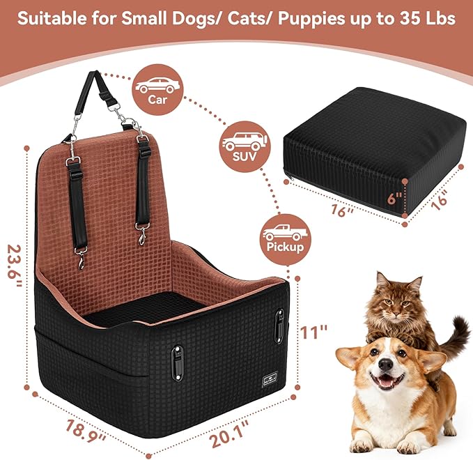 PETSFIT Dog Car Seat for Small/Medium Dogs Up to 35 lbs – Patented Safety System, 6" Memory Foam Pet Booster Car Seat, Fully Detachable and Washable Dog Carseat with 2 Storage Pockets (Black/Brown)