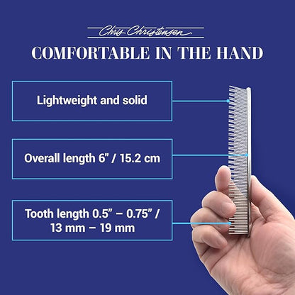 Chris Christensen 6in Cat/Carding Dual Tooth Butter Comb, Groom Like a Professional, Rounded Corners Prevent Friction and Breakage, Solid Brass Spin with Steel Teeth, Chrome Finish
