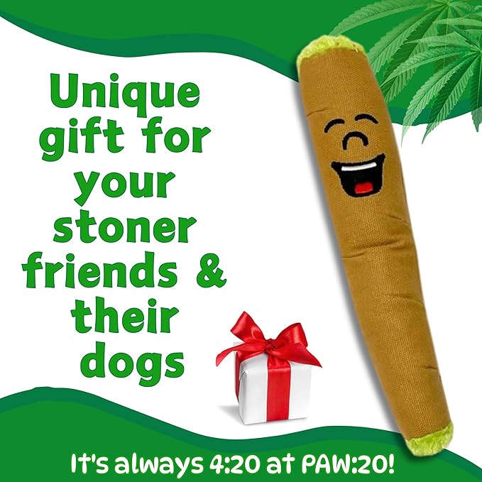 My Name is B, Cute Stuffed Parody Blunt Dog Toy, Funny Squeaky Weed Toy, Cool Plush Novelty 420 Gift for Pets & Their Owners, Sized for Puppies & Small, Medium & Large Breeds, For Fetch & a Photo Prop