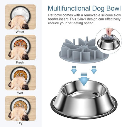 2-in-1 Metal Dog Bowl with Slow Feeder Insert, Food Grade 304 Slow Feeder Dog Bowls, Non-Slip Bottom, Pet Slower Food Feeding Bowls for Increases Feeding Time, Reduces Digestive Problems (L)