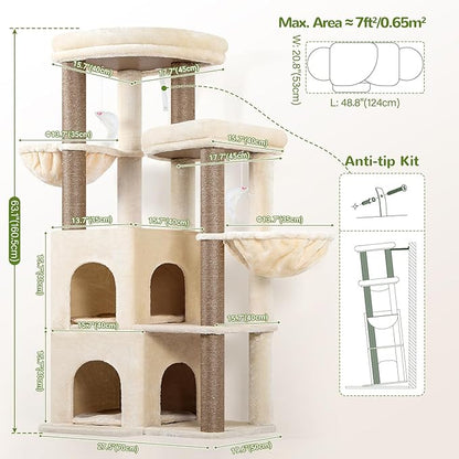 Globlazer Cat Tree Tower for Indoor Cats, Sturdy Adult Cat Tree House for Large Adult Cats with 2 Platform, 6 Cat Scratching Post, 2 Cat Caves, Dangling Toys, S63, 63 inch, Beige