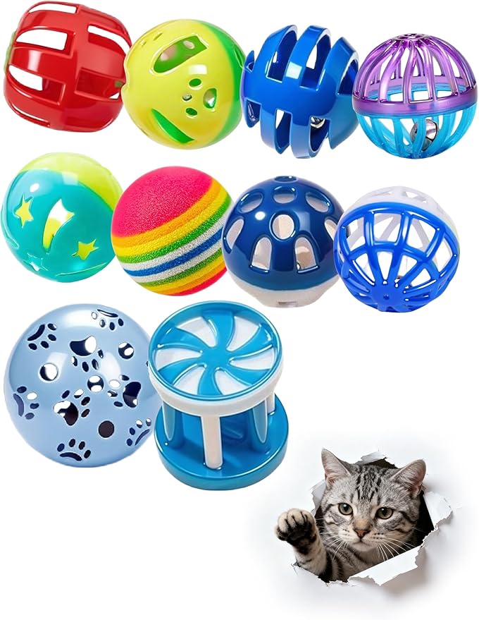 10 Cat Toys Indoor Bored Kitten, Colorful Bell Balls for All Ages Sizes, Interactive Solo Play Non-Toxic Lightweight Cat Balls (1.5'' - 2.2'')