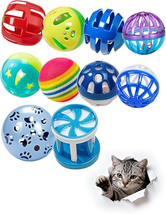 10 Cat Toys Indoor Bored Kitten, Colorful Bell Balls for All Ages Sizes, Interactive Solo Play Non-Toxic Lightweight Cat Balls (1.5'' - 2.2'')