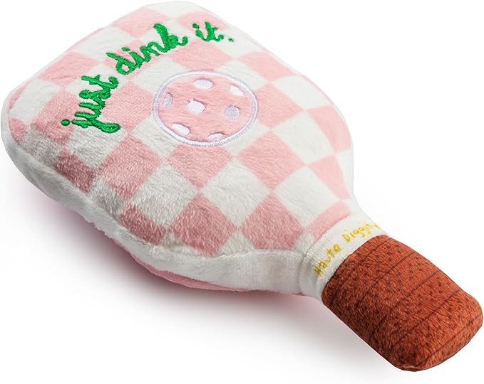 Haute Diggity Dog Pink Checker Pickleball Paddle, Plush Trendy Sporty Dog Toys with Interactive Squeaker, Stimulating Pet Enrichment, Machine-Washable & Safe Materials for All Breeds, One Size