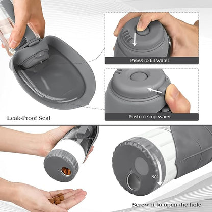 TIOVERY Upgraded Dog Water Bottle, Portable Dog Cat Puppy Pet Water Dispenser Feeder with Drinking Cup and Food Container Leak Proof for Outdoor Walking, Travel, Hiking 12OZ Grey