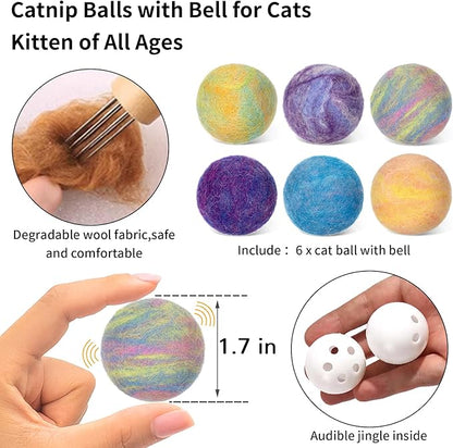 Retro Shaw Catnip Balls with Bell Inside - 6 Pcs Interactive Catnip & Silvervine Cat Toys, Durable Wool Balls for Indoor Cats, Kitten Teething Toys, Natural Catnip Toys for Bored Cats