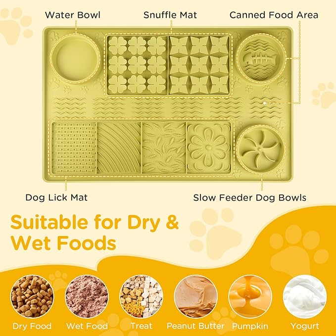 31.5" x 20" Large Multi-Function Dog Food Mat,Silicone Dog Lick Mat, Slow Feeder Mat for Dogs, Pet Mats for Food and Water,Pet Food Mat with Lip to Prevent Spills (Green)