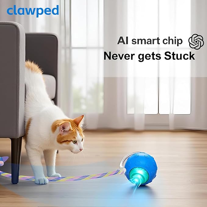 Interactive Cat Ball Toy, Automatic Self-Rolling, Motion-Activated, 3 Replaceable Teaser Wand Tails, Food-Grade TPU-Reinforced, Built-In Bluetooth Speaker with Preloaded Bird Sounds/Optional Music