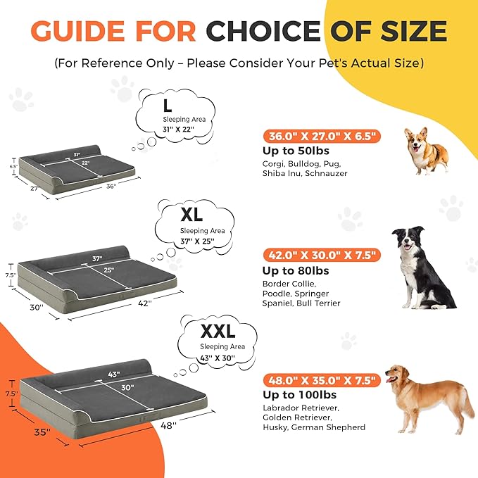 Dog Bed Large Sized Dogs, XXL Orthopedic Dog Bed for Large Dogs, Waterproof Pet Bed with Washable Removable Cover, L-Shaped Pet Couch with Portable Handle 48"x35"x7.5", Olive Green
