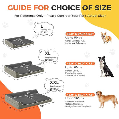 Dog Bed Large Sized Dogs, XL Orthopedic Dog Bed for Large Dogs 42"x30"x7.5", Waterproof Pet Bed with Washable Removable Cover, L-Shaped Pet Couch with Portable Handle, Olive Green