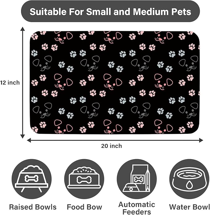 Patterned Cat & Dog Bowl Mat for Food and Water, 12"×20" Quick Dry Absorbent Pet Feeding Mat, Eco-Friendly Dog Placemat