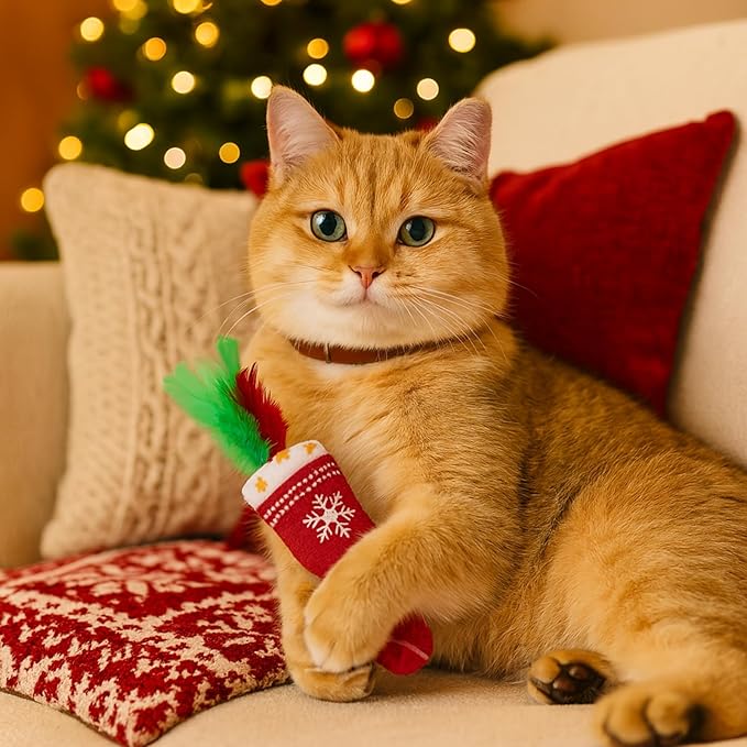 Christmas Cat Toys Stocking 2 Pack – Catnip Plush Stockings with Feathers, Interactive Holiday Cat Toy Set for Indoor Cats and Kittens