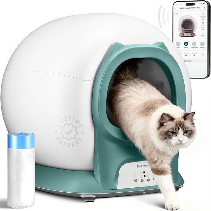 Petcove – Automatic Self Cleaning Litter Box – PurrTek Smart Automatic Litter Box for Multi-Cat Homes with Smart App Control (5GHz Wi-Fi), Triple Odor Control Quiet Operation & Advanced Safety Sensors