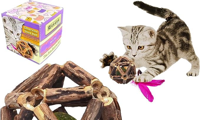 Natural Silvervine Catnip Ball, Feather and Bell Attached, for Indoor Cats, Cleaning Teeth Matatabi Cat Chew Toy. All Kitten Breeds.