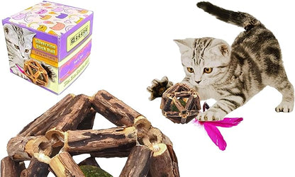 Natural Silvervine Catnip Ball, Feather and Bell Attached, for Indoor Cats, Cleaning Teeth Matatabi Cat Chew Toy. All Kitten Breeds.