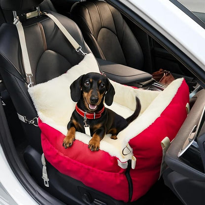 SIVES Dog Car Seat for Small Dogs, Soft Booster Seat Travel Bed with Side Flaps, Non-Slip Base, Seat Belt Straps + Safety Tether, Storage Pocket, Washable Cushion, Recommended Up to 33 lbs, Red