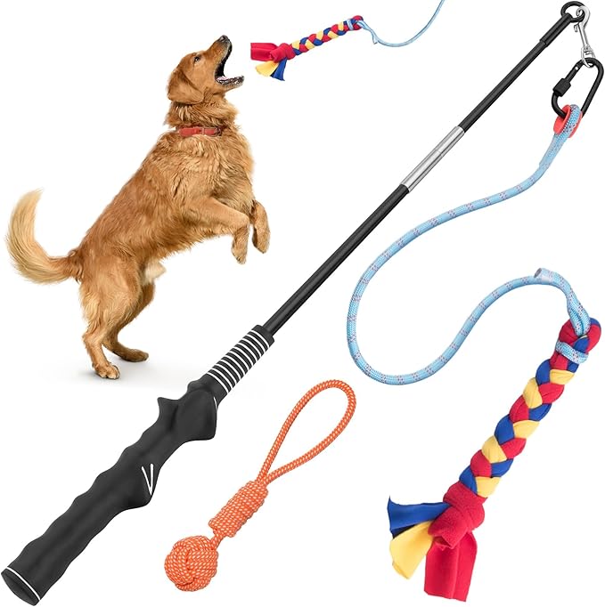 YES4QUALITY Flirt Pole for Dogs - Safe & Strong for Large Breeds with Nylon Cord - Spring Pole for Tug of War, Interactive Play & Puppy Training - Heavy Duty Teaser Wand for Outdoor Exercise