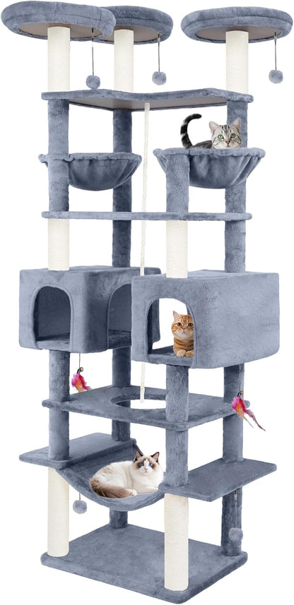 71in Multifunctional Multi-Level Cat Tree Tower for Indoor Cats,Cat Tree with Hammock,2 Condos,2 Hanging Baskets,2 Feather Toys,3 Perches,5 Hanging Balls,7 Scratching Posts,Grey