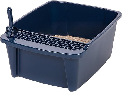 IRIS USA Cat Litter Box, Litter Box Enclosure with Scoop, Split Hood and Front Door Flap, Covered Kitty Litter Box for Privacy, Portable, Easy to Clean, Navy