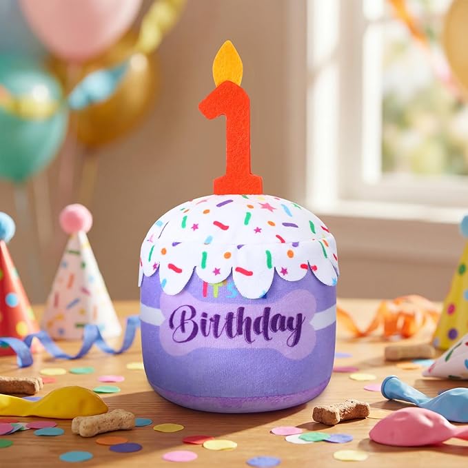 Dog 1st Birthday Cake Toy Accessories for Girl Boy Gifts, Purple Squeaky Plush Toy for Dog Birthday Party Decor Favor for Large, Medium and Small Dogs