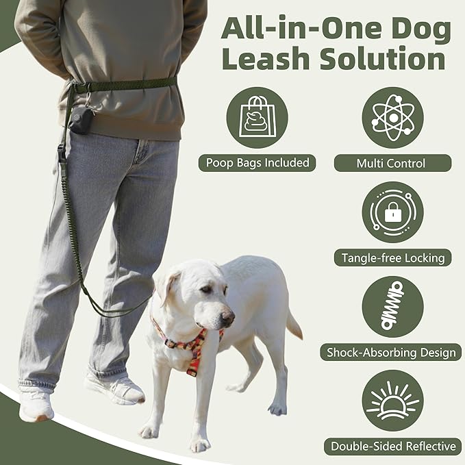 6-in-1 Hands-Free Dog Leash, Waist & Crossbody Bungee Lead with Dual Padded Handles, Bungee Shock Absorbing, Seat Belt Buckle, Reflective for Small Medium Large Dogs, Green