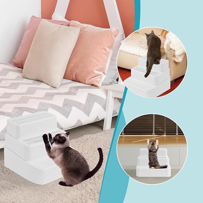 BALAPET Adjustable 3 Steps Litter Box Ramp with Filter Function, Detachable Litter Trapper, Easy Clean Cat Litter Stair for Small & Elderly Cats(White)