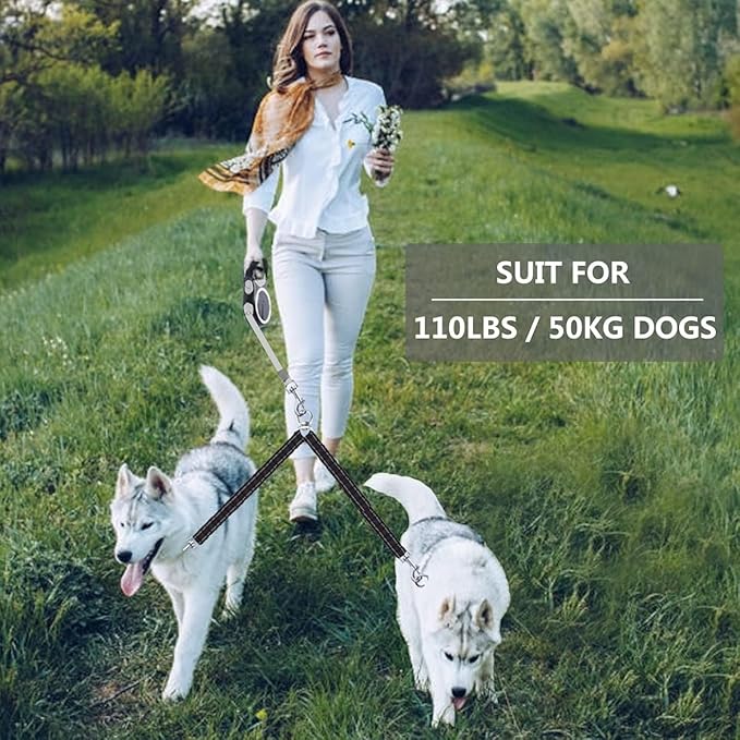 Dual Retractable Dog Leash for 2 Dogs (Grey) - 16ft Heavy Duty Leash with One Button Lock & 360° Tangle-Free Design, for Medium/Large Dogs up to 110lbs/50kg