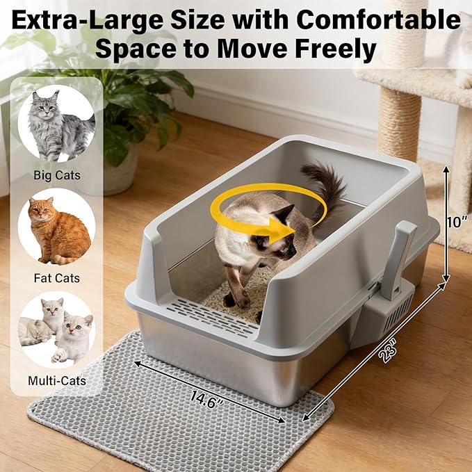 Stainless Steel Litter Box with Lid, XLarge Metal Litter Box for Big Cats, High-Sided Cat Litter Boxes for Anti Urine Splash, Odor Control, Non-Stick & Easy to Clean, Includes Scoop and Mat