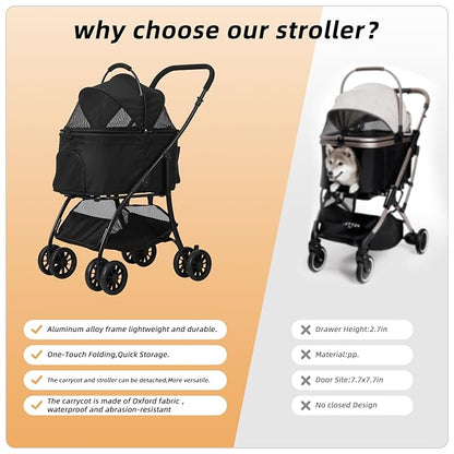 Pet Stroller Quickly Folds for Easy Storage Cat Stroller with Detachable Carrier Thickened Oxford Cloth Breathable Basket Dog Strollers for Small Dogs (Grey)