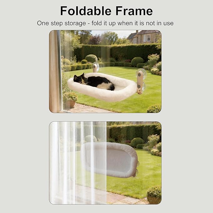 YGP Foldable Cat Window Perch – No Drilling, 40lbs Tested Hold, 4 Strong Suction Cups, Heavy-Duty Metal Frame, Space-Saving Fold-Down Design, Ultra-Soft Fleece Hammock for Cats