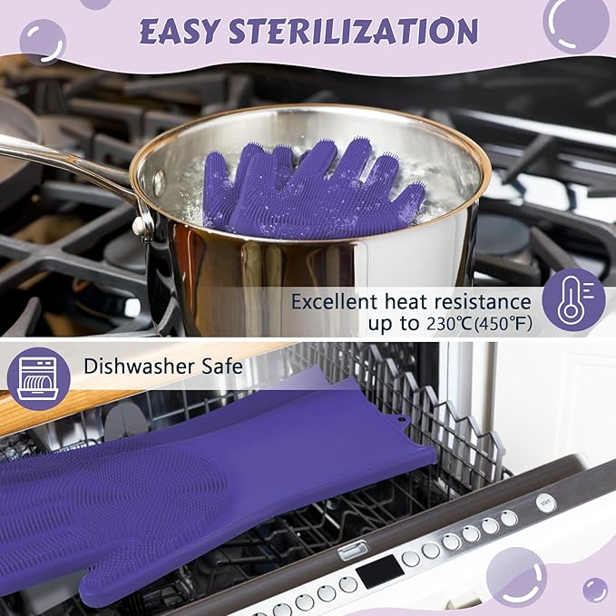 Pecute Pet Grooming Gloves, Large, Heat Resistant, Silicone Bathing and Massaging Gloves with High-Density Teeth and Enhanced Five Finger Design for Dogs and Cats, Purple
