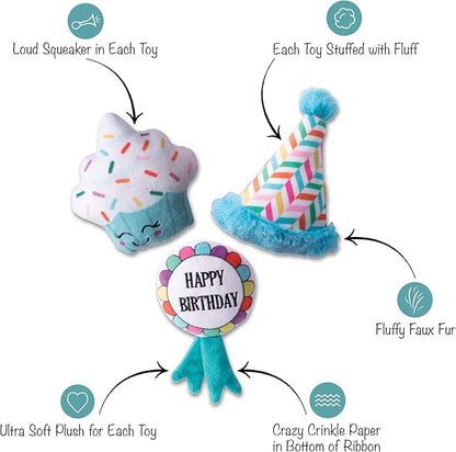 Fringe Studio Plush Dog Toy Set, Happy BARK-Day!, 3 Piece Set, for Small Dogs (289525)