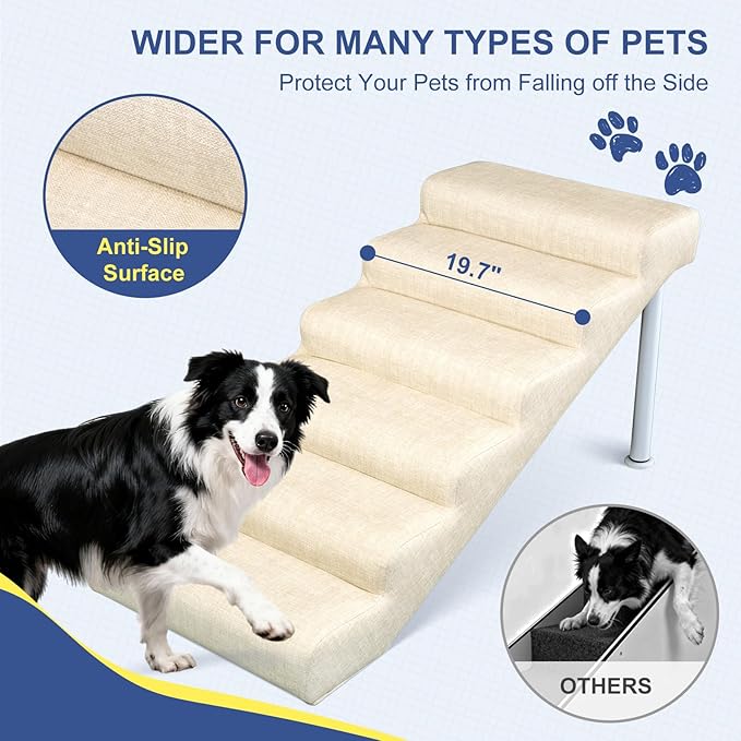 DoCred Adjustable Pet Stairs for Beds & Sofas - 6 Step 21.2"-24.4" H Non-Slip Dog Stairs for Small to Medium Dogs & Cats, Supports up to 150 lbs - Linen Faux Leather Dog Steps