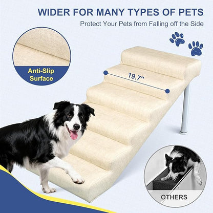DoCred Adjustable Pet Stairs for Beds & Sofas - 6 Step 21.2"-24.4" H Non-Slip Dog Stairs for Small to Medium Dogs & Cats, Supports up to 150 lbs - Linen Faux Leather Dog Steps