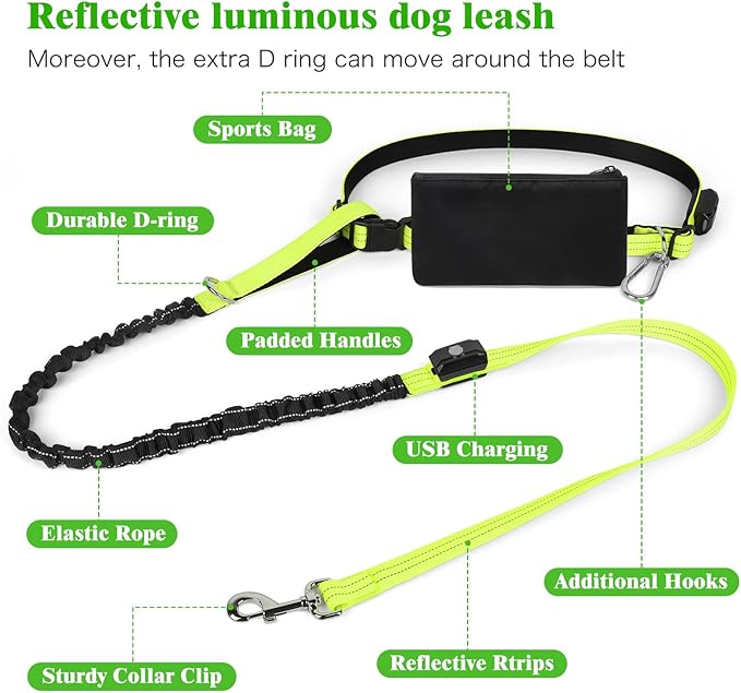 LED Hands Free Dog Leash, Waist Leash for Dog Walking, Retractable Bungee Light Up Dog Leash, LED Handless Dog Running Leash, Reflective Running Leash for Jogging Training Hiking (Green)