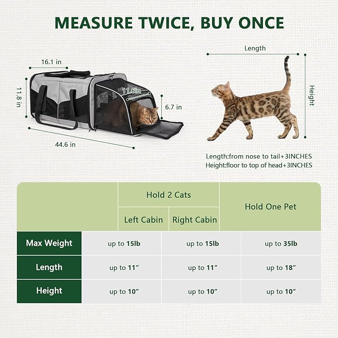 Expandable Cat Carrier for 2 Cats, Double Compartment Large Pet Carrier for Long Distance Car Travel, Includes 2 Portable Litter Boxes, Foldable Multi-Cat Travel for Road Trips & Camping, Gray