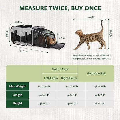 Expandable Cat Carrier for 2 Cats, Double Compartment Large Pet Carrier for Long Distance Car Travel, Includes 2 Portable Litter Boxes, Foldable Multi-Cat Travel for Road Trips & Camping, Gray