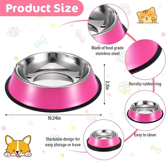 6 Pack Stainless Steel Dog Bowls, Non-Slip Stackable Dog Food and Water Bowls Set with Removable Rubber Base for Small Medium Large Dogs Cats