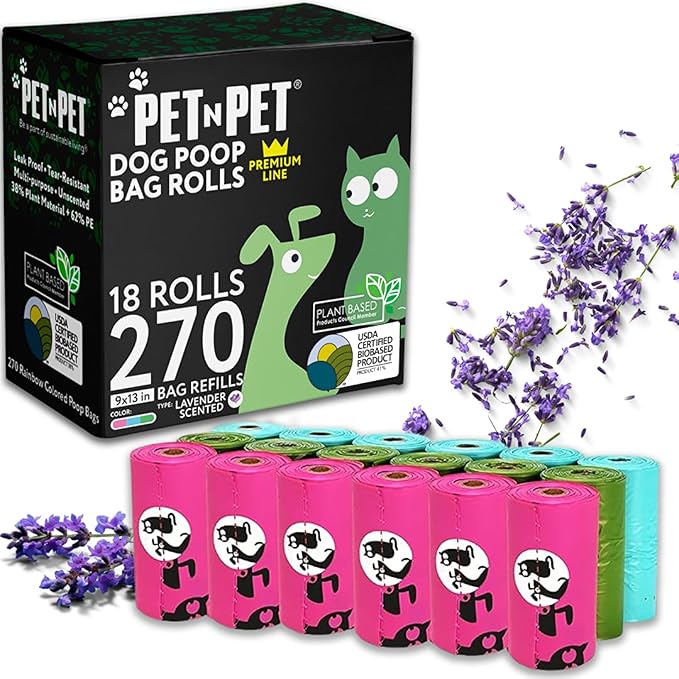 Pet N Pet 270 Counts Lavender Scented, Colorful Poop Bags for Dogs, 41% Plant Based & 59% PE Dog Poop Bags Rolls, Extra Thick Dog Waste Bag, Doggy Bag