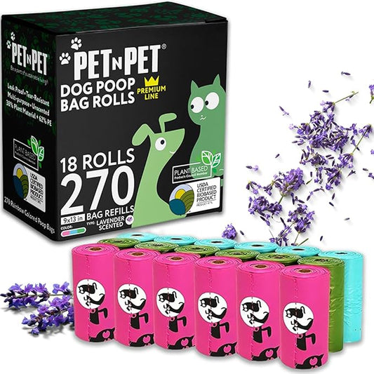 Pet N Pet 270 Counts Lavender Scented, Colorful Poop Bags for Dogs, 41% Plant Based & 59% PE Dog Poop Bags Rolls, Extra Thick Dog Waste Bag, Doggy Bag